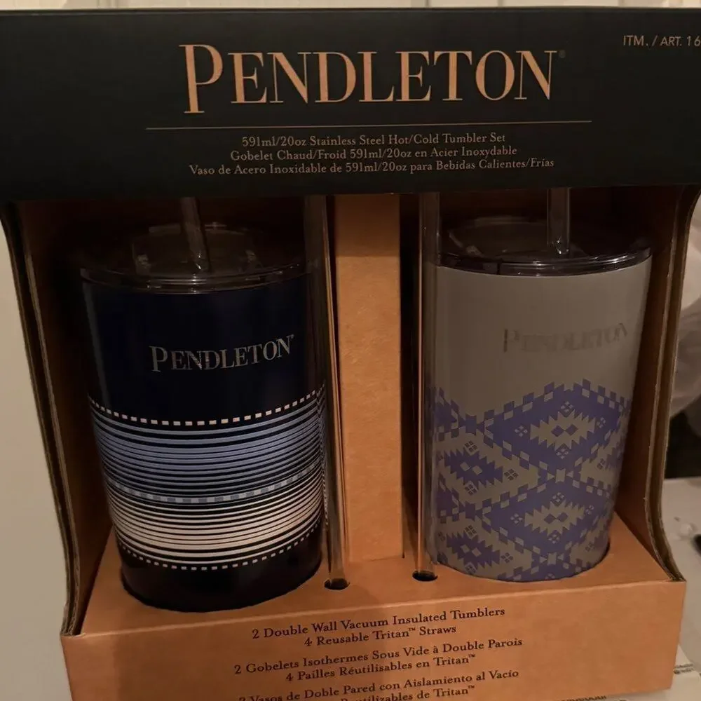 PENDLETON Patterned 20oz Stainless Steel Hot/Cold Tumbler Set (Blue & Gray)